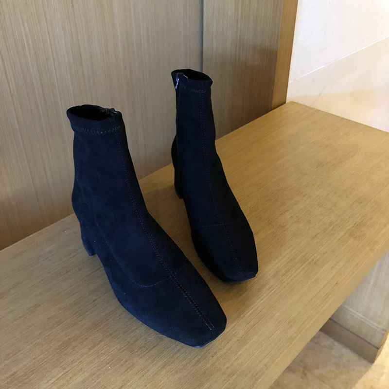 4 black Suede Женские ботинки с квадратным носком на молнии; сезон осень-зима; эластичные Замшевые женские полусапожки; хлопковые ботильоны; женские ботинки; botas mujer; Новинка года; Прямая поставка - Цвет: 4 black Suede