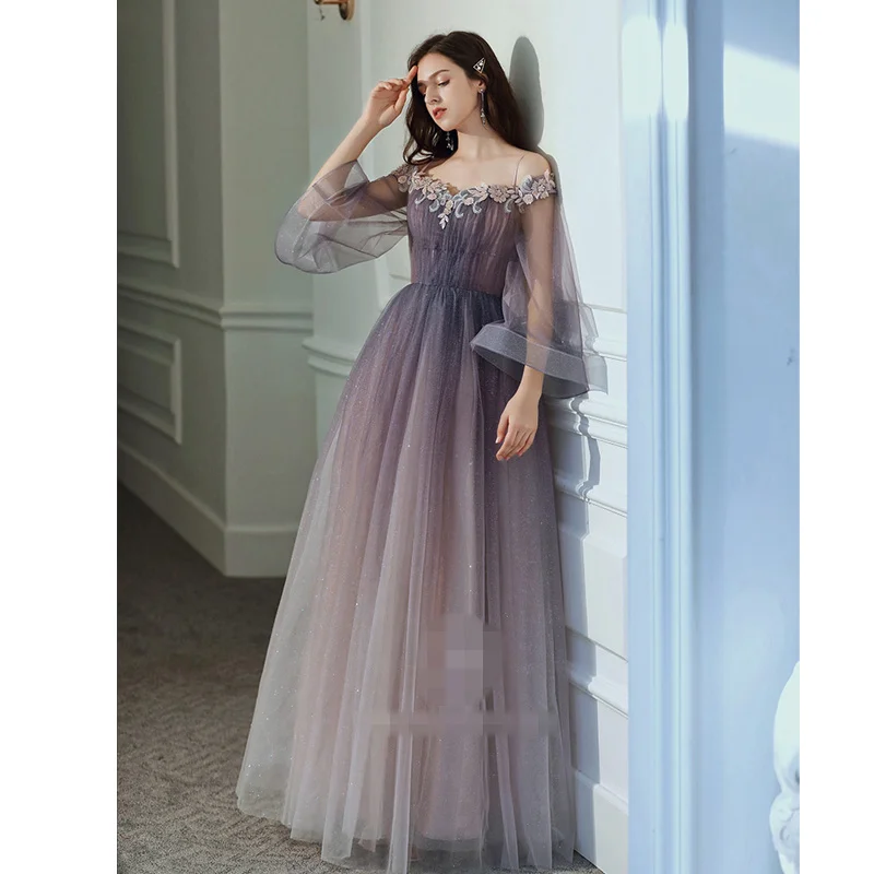 It's Yiiya Evening Dresses Purple Gradient Bling Evening Dress Elegant Boat Neck Long Party Gowns Appliques robe de soiree LF013