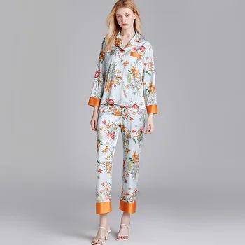 

Spring Autumn New Home Clothing Satin Print Flower 2PCS Shirt&Pants Homewear Lady Silky Pajamas Suit Sleepwear Casual Nightwear