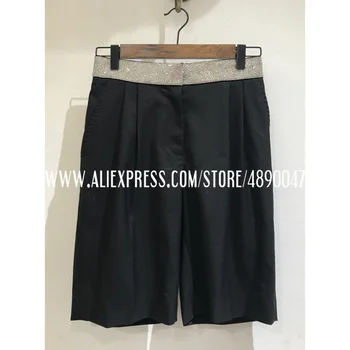 

Ladies Shorts Casual Women's new Straight Pants High waist Summer Bottom Knee Length Black Flash Diamond Exquisite Suit pants