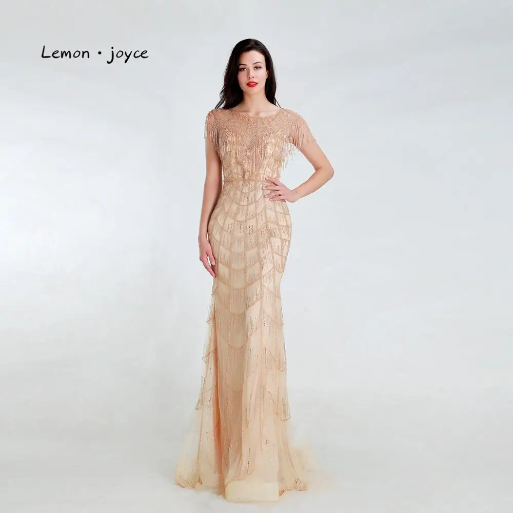 

Lemon joyce Champagne Evening Dresses 2019 O-neck Beading Illusion Mermaid Prom Dress Long Party Gown Plus Size