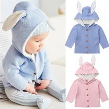 Вязаный свитер для новорожденных девочек и мальчиков, кардиганы, однобортное пальто, верхняя одежда с капюшоном и заячьими ушками