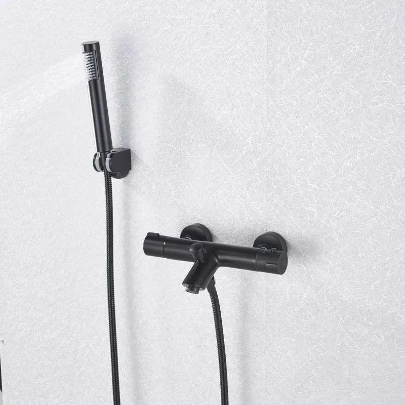 Black Thermostatic Valve shower facuet hot cold mixer tap wall mount ABS plastic hand shower dual handle