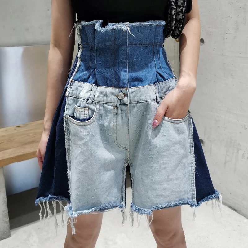 GALCAUR Patchwork Hit Color Tassel Wide Leg Shorts For Women High Waist Pocket Denim Shorts Female 2020 Summer Fashion New Tide