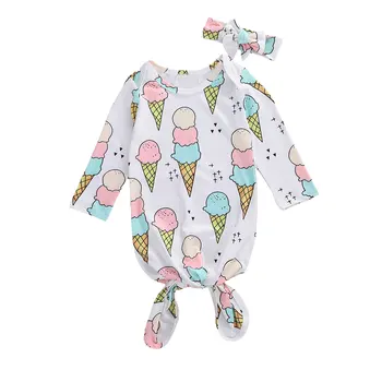 

2020 New Lovely Baby Kids Sleeping Bags Romper Long-Sleeved Top Round Collar Lace-up Buttons Ice Cream Printed Clothes