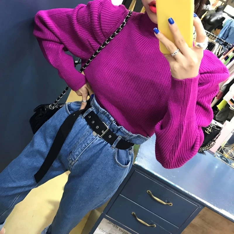 Korean Ruched Knitted Women's Sweaters O Neck Puff Long Sleeve Oversize Pullover Sweater Female 2019 Autumn Fashion New
