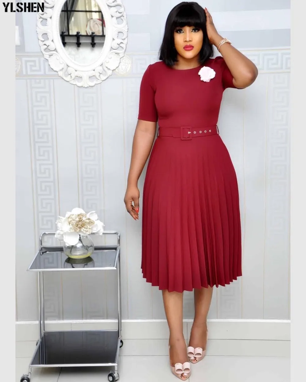 Pleated African Dresses For Women 2020 Elegent Fashion Style African Women Plus Size Polyester Knee-length Dress S-3XL 05