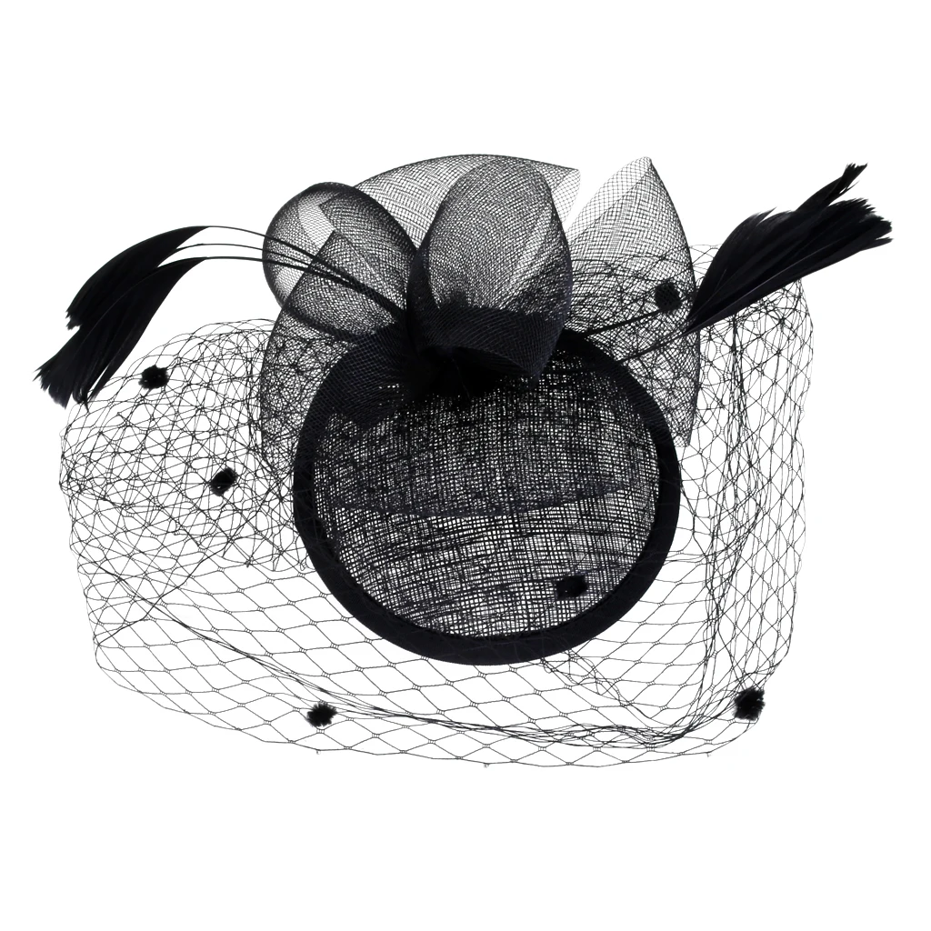 Bridal Fish Net Face Veil Feather Fascinator Hair Clip Party Headpiece Black