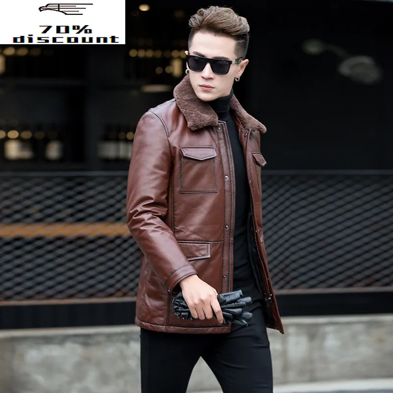 

Genuine Leather Jacket Men Autumn Winter Real Cow Leather Coat Wool Collar Slim Cowhide Down Jacket 2020 T0523 KJ3453