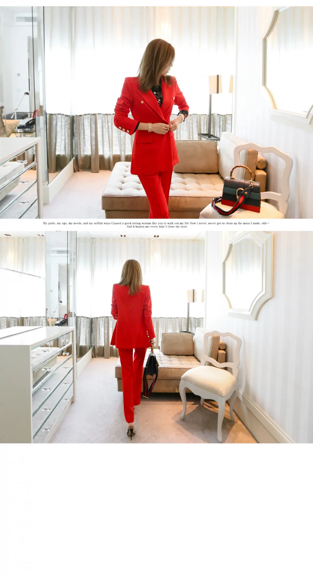 Hoge kwaliteit pak rood pak vrouwelijke mode nieuwe split flared broek Slim was dunne jasje& Broek 2 Tweedelige