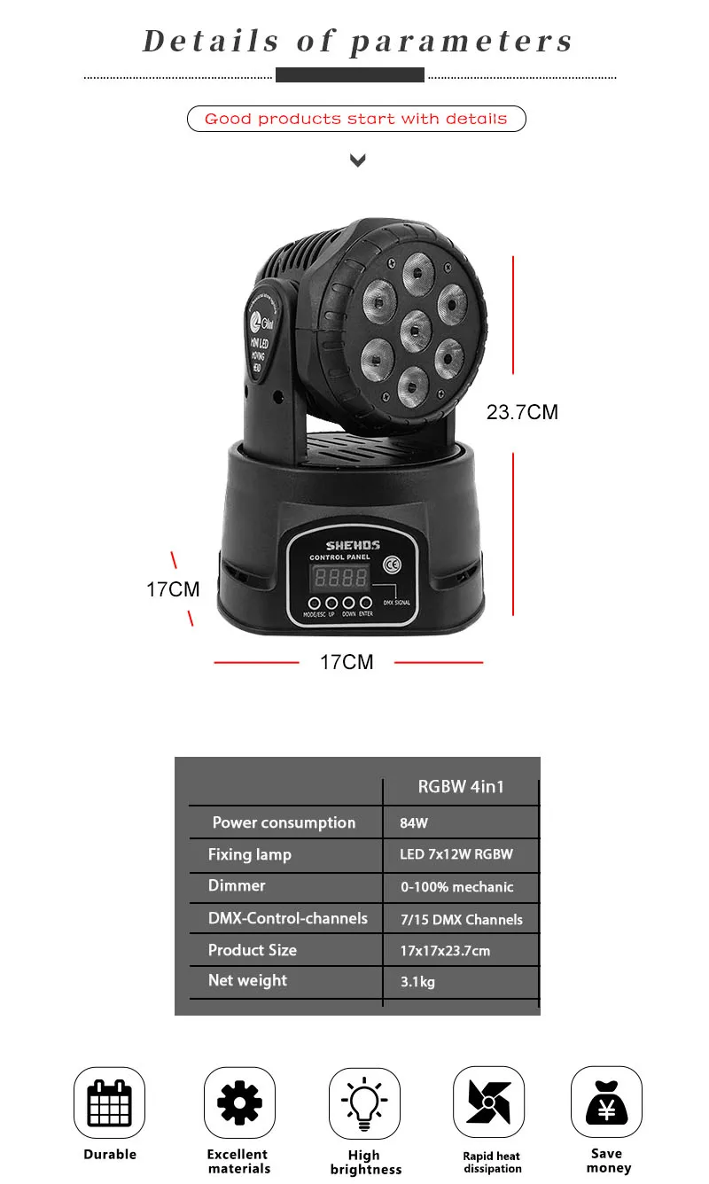 Aluminiumlegierung LED Par 7X12W RGBW 4in1 Par Licht/Moving Head Licht High Power DMX512 Wash DJ Bühne Disco Party Licht – Detail 14