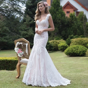 

Romantic Lace Mermaid Wedding Dress White Ivory Cap Sleeves Sweep Train Backless Country Bridal Gown Robe de Mariage
