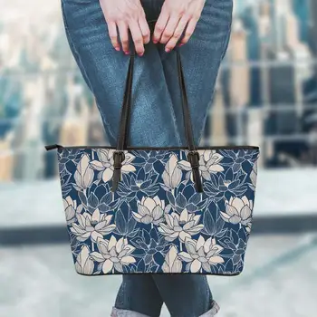 

FORUDESIGNS Blue Lotus Flowers Floral Print Ladies Casual Shoulder Handbag Custom Printed Flower Fashion Leather Tote Beach Bag