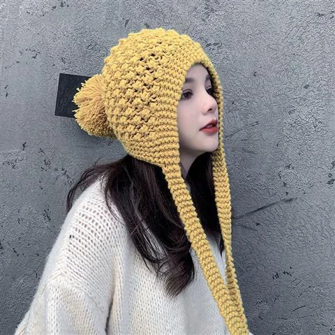 

Autumn Winter Ear Protection Hat Women's Warm Knitting Tassel Baotou Girl Outdoor Leisure Solid Color Retro Student Yellow