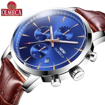 

OLMECA Men's Watch Fashion Brand Luxury Quartz Watch Brown Leather Watch for Men Chronograph Wristwatches Relogio Masculino 0827