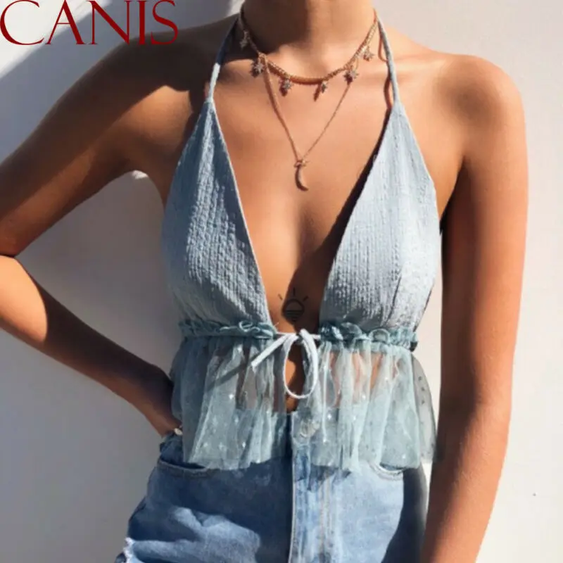 Sky Blue Halter Neck Open Stitch Drawstrings Crop Top Women Dots Print Mesh Contrast Mesh Ruffles Hem Bustier Cami Tank Camisole
Sky Blue Halter Neck Open Stitch Drawstrings Crop Top Women Dots Print Mesh Contrast Mesh Ruffles Hem Bustier Cami Tank Camisole