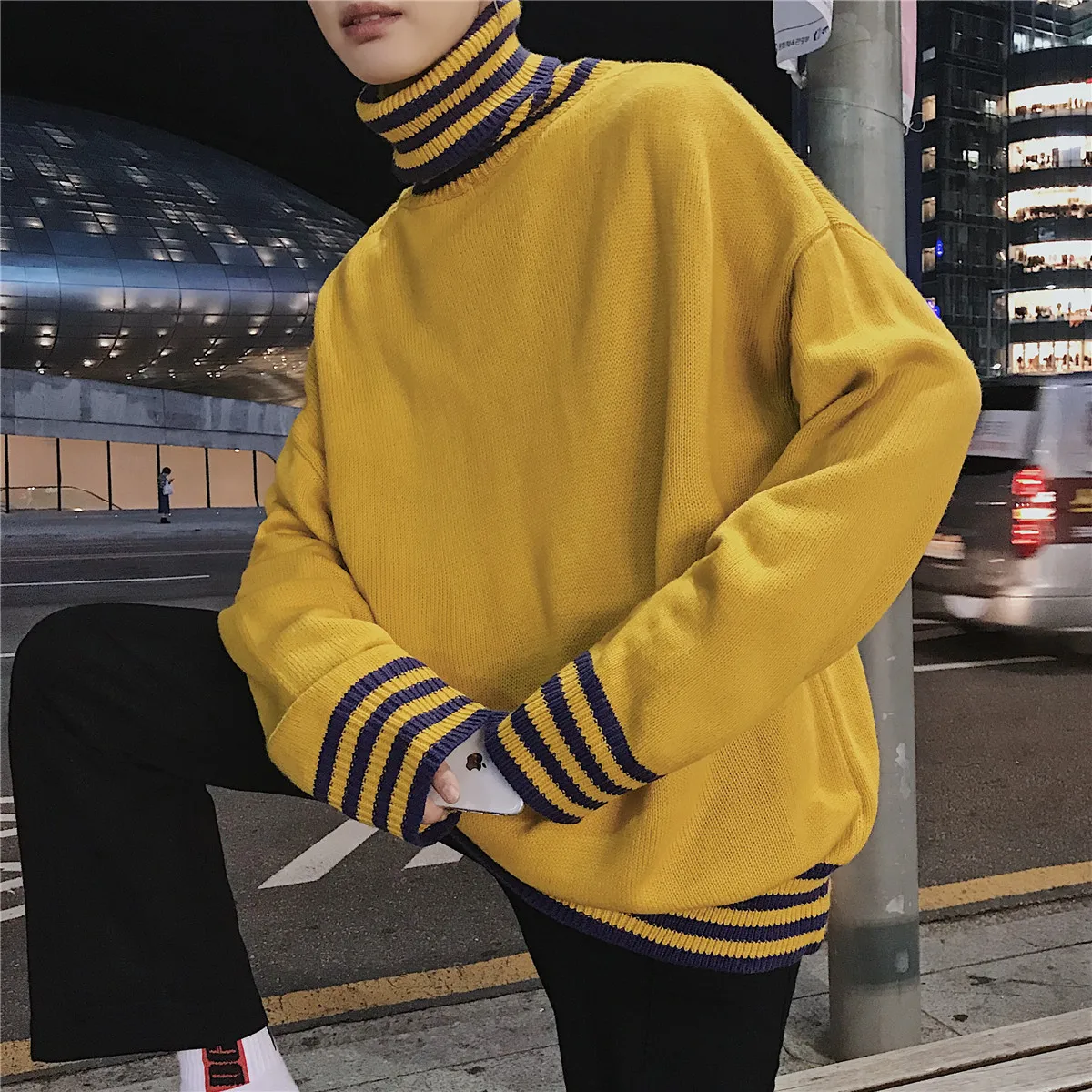 

2019 Winter Men's Stripe Printing Sweater Cashmere Knitting Coats Oversize Knitting In Warm Pullover Casual Woolen Turtleneck