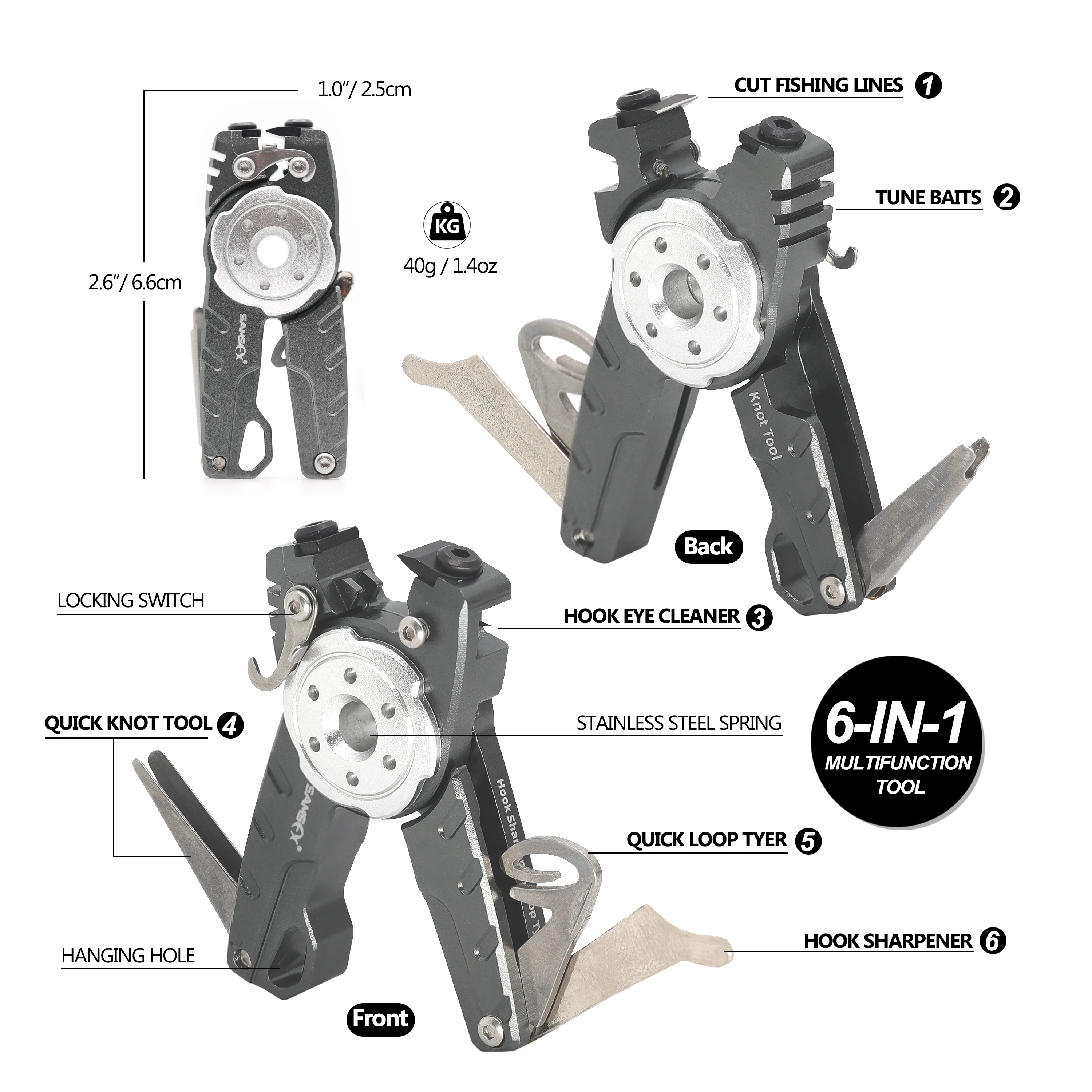 SAMSFX Fly Fishing Knot Tying Tool 6 in 1 Braided Line Cutter Hook Sharpener Tungsten Line Cutter Fishing Pliers Tool Tackle fishing tackle fishing tools fishing tool fishing pliers