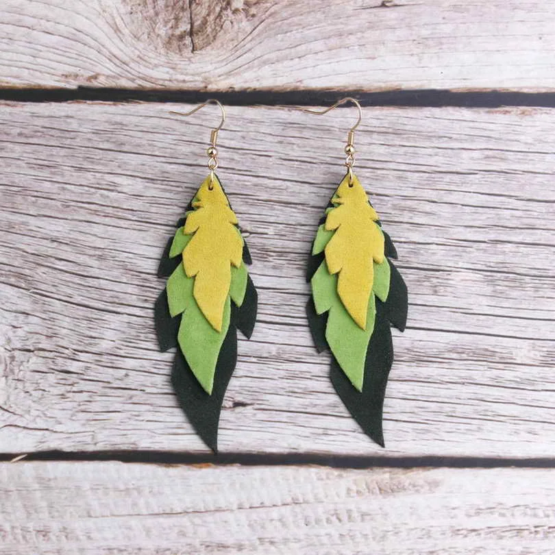 

Three Layered Suede Leather Leaf Earrings Multicolor Cut Feather Leaf Earrings for Women Jewelry