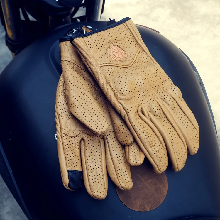 Новая мотоциклетная винтажная Перфорированная кожаная Защитная перчатка с сенсорным экраном - Цвет: Yellow Perforated