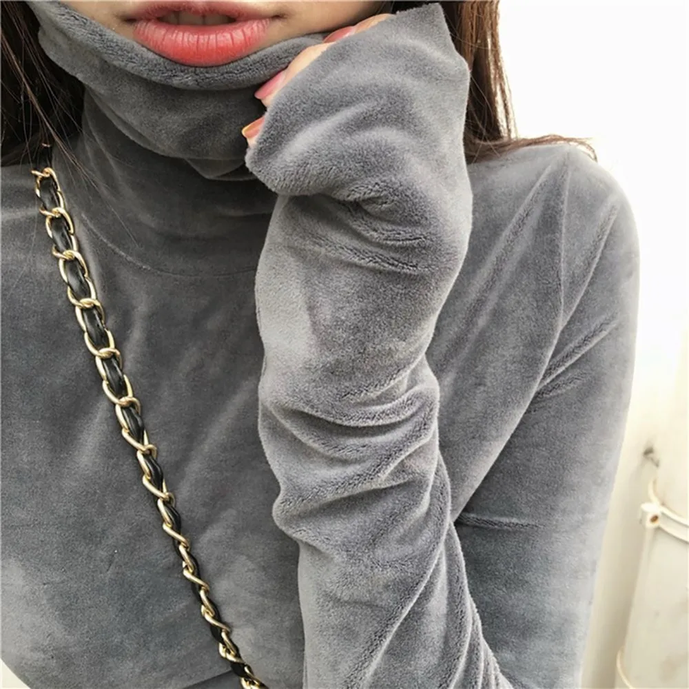 Women T-Shirt  Soft Fleece Velvet Turtleneck Shirt Solid Long Sleeve Autumn Fitness Vintage Girls Bottom Tops Women Clothing