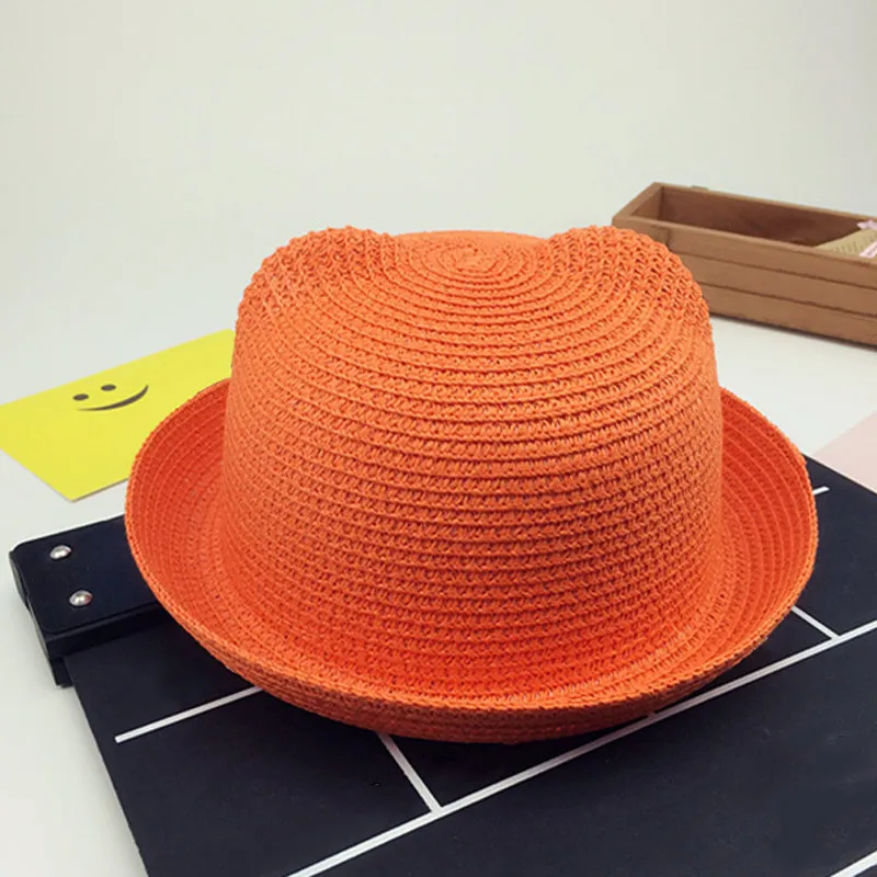 orange Новые модные шляпы от солнца для женщин, милые шляпы с котом для девочек и мальчиков, соломенные шляпы, летние детские милые детские однотонные Широкие Брим, декоративная крышка - Цвет: orange