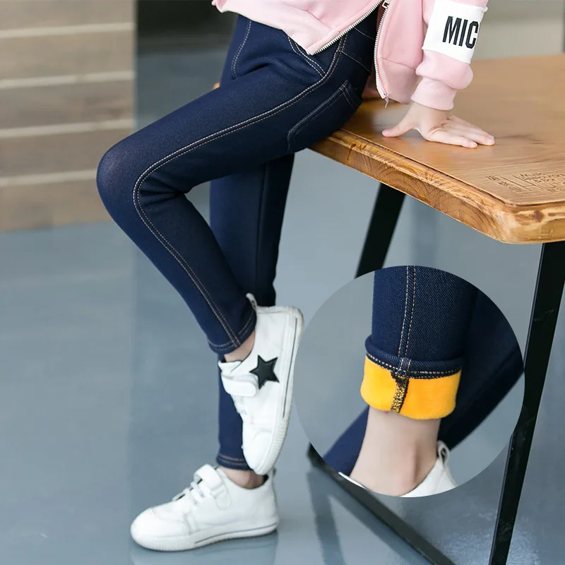 

Nuevos pantalones de mezclilla de imitación de invierno más polainas cálidas de terciopelo pantalones largos para niñas niños ropa Negro Azul Marino Pantalones