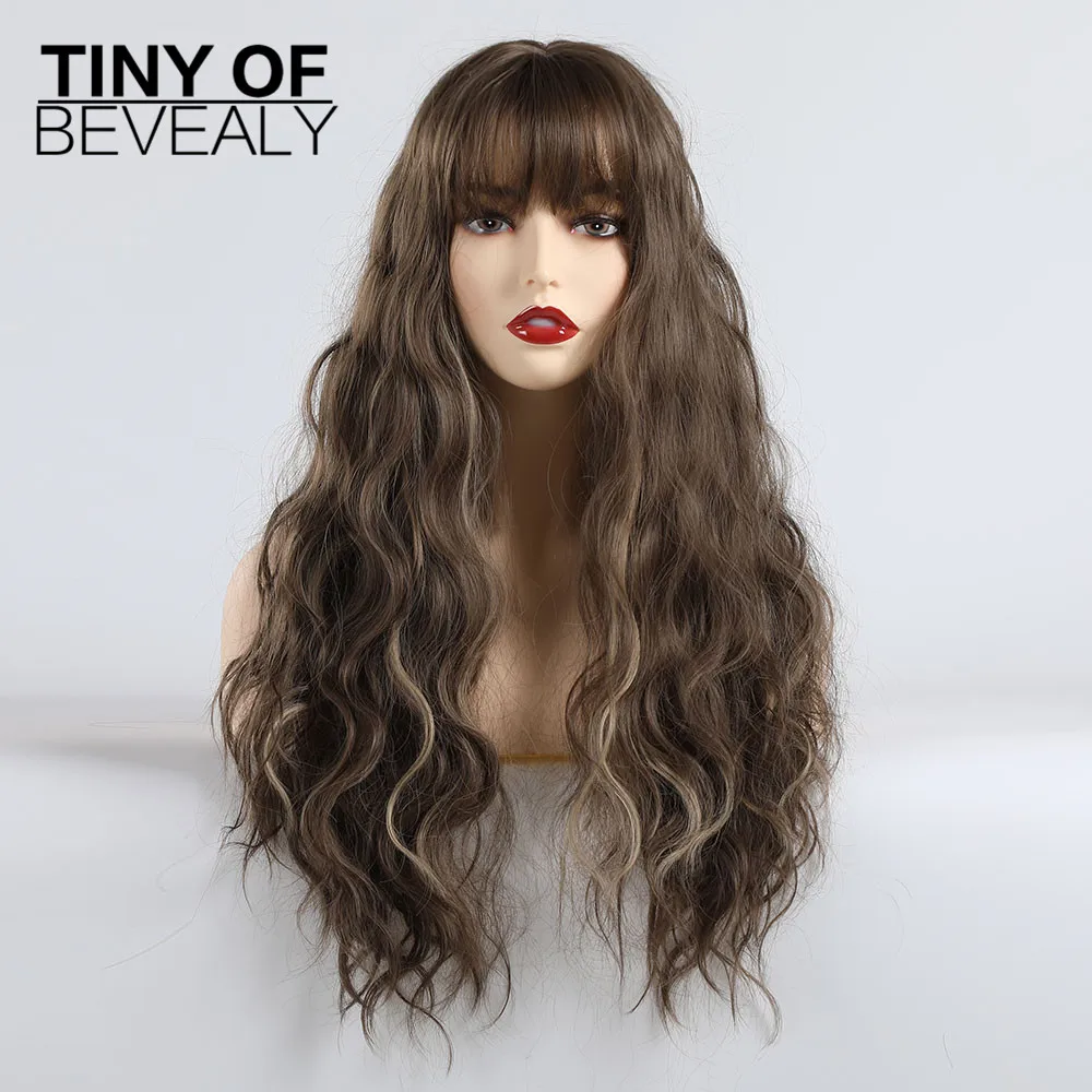 lc212-1 Long Synthetic Wigs Pink Brown Water Wave Curly Cosplay Wigs With Bangs Heat Resistant Fiber for Women Hair Wigs - Цвет: lc212-1