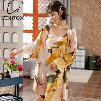 

CINOON New 3Pcs Summer Autumn Women Pajamas Sets Floral Printed Sling Sleepwear Blended Top and Pants Female Nightsuit Set