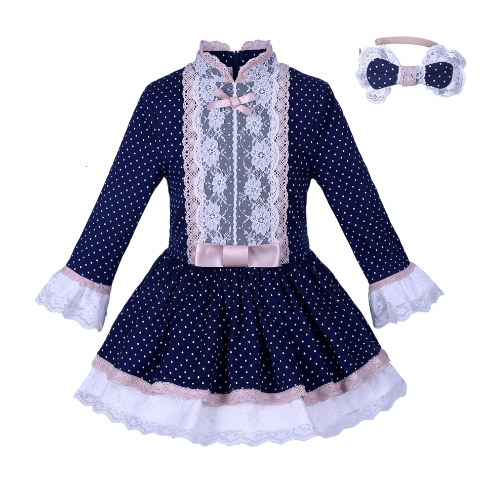 Cutestyles for Girls Dress Navy Lace Sash Polka Dots Dresses Vintage Boutique Spring Autumn Children Kids Clothes G-DMGD007-A145