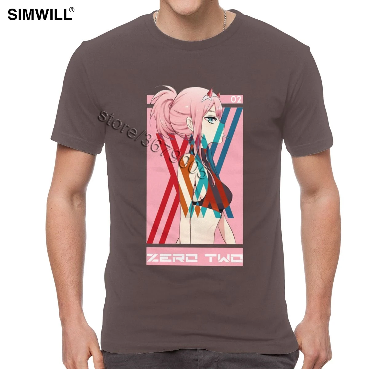 Футболка Darling In The Franxx, мужская, хлопок, Zero Two, футболки, короткий рукав, круглый вырез, модная, аниме, веер, футболка - Цвет: Коричневый