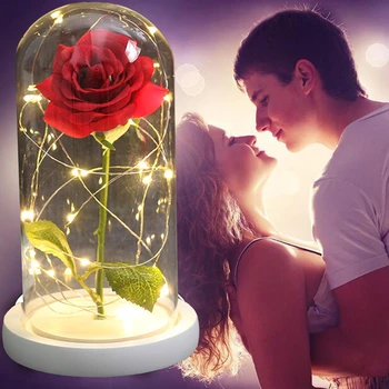

Beautiful Eternal Rose Beauty and The Beast Rose in a Glass Dome for Valentine's Day Gift Home LED Forever Flower Lamps Ornament