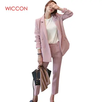 

New Arrival Women's Solid Double Breasted Blazer & High Waist Pants Elegant Sweet Office Lady Basic Suit Plus Size Pink Pants