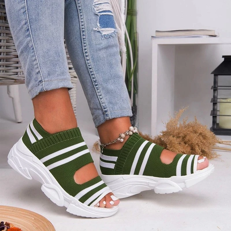 Sandalias de tacón alto con plataforma para mujer, zapatos informales de verano, zapatillas tejidas con punta abierta, 2021