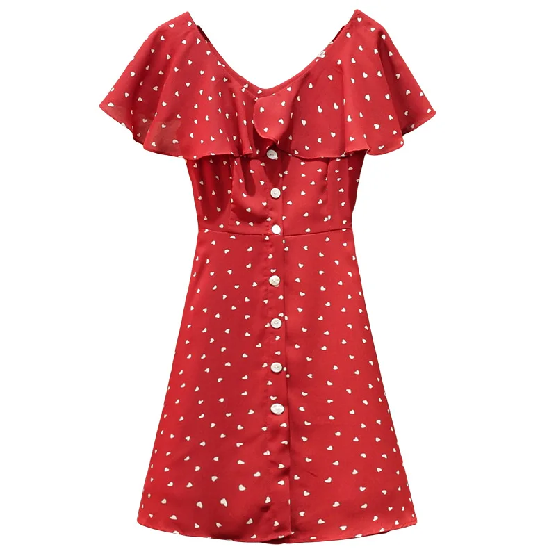 

New Summer Women 5xl Plus Size Dress Black and Red Dot Printed V Collar Ruffles Collar Edge Shirt for Girls Office Lady
