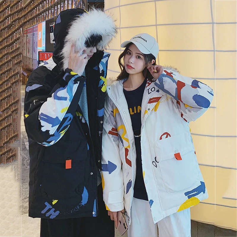 

Fashion Graffiti Decoration Down Coats Woman Winter Warm Jacket Casual Hooded Down Parka Coat Couple Outfit Outwear Down Jackets