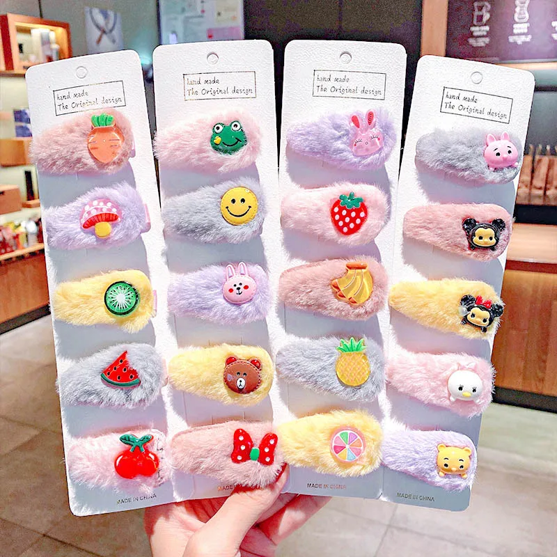 

5PCS/SET Cute Baby Girl Plush Cartoons Bear Cat Rabbit Hairpin Pineapple Fruit Bowknot Hair Clips Gifts Barrettes Kids Headwear