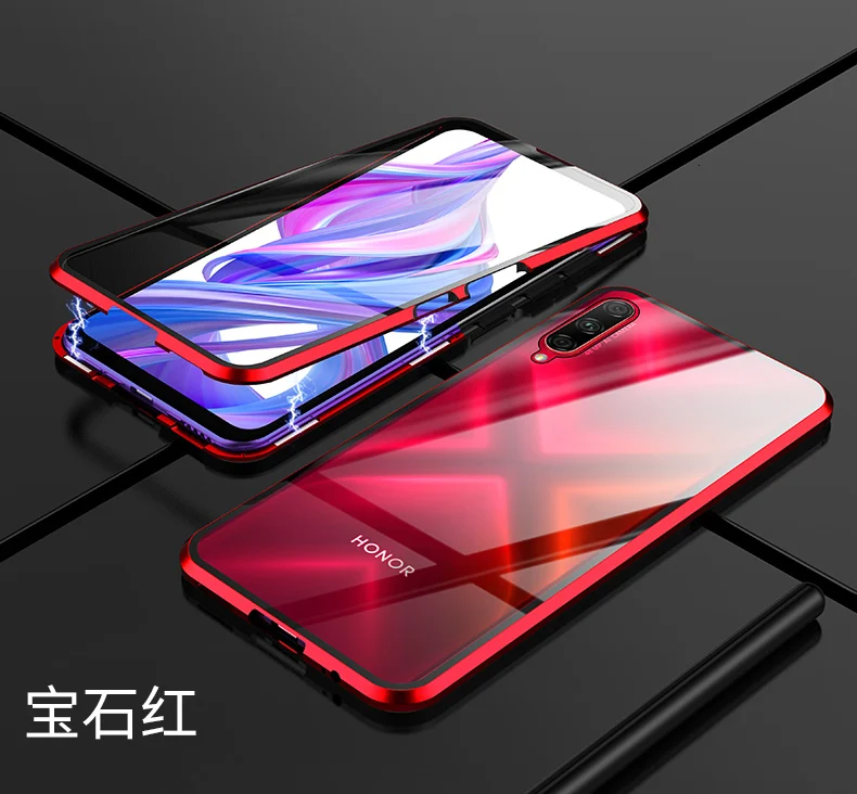 Чехол для huawei Honor 9x, двойной, полный, передний, задний, из закаленного стекла, металлический, магнитный, прозрачный, для Honor 9x20 Pro, чехол, Coque Funda - Цвет: red