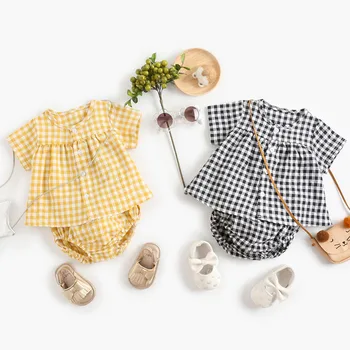 

Newborn Kids Baby Girls Outfits Clothes Short Sleeve Tops Plaid T Shirt + Shorts Outfit Summer Girls Clothes Set