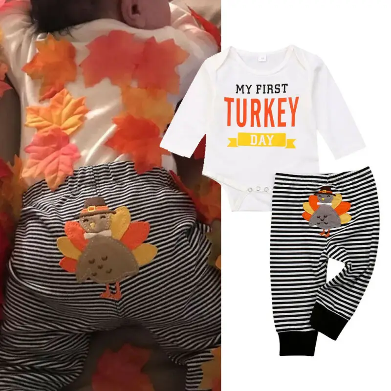 Одежда для новорожденных мальчиков и девочек с надписью «My First Turkey Day» хлопковый боди с длинными рукавами, топы, штаны в полоску, комплект детской одежды из 2 предметов