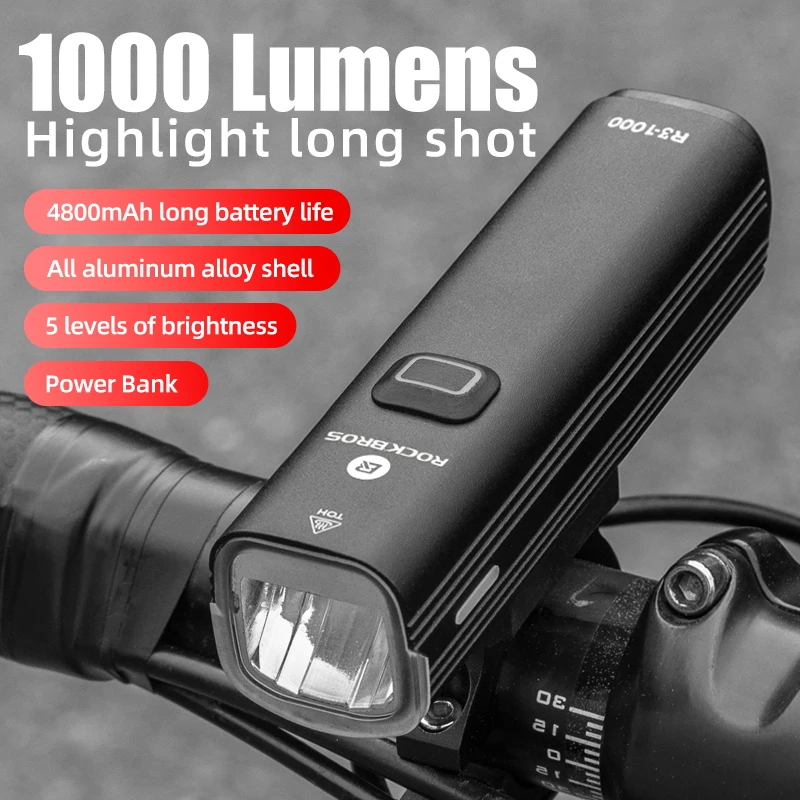 ROCKBROS 1000LM Bike Light Front Lamp USB Rechargeable LED 4800mAh