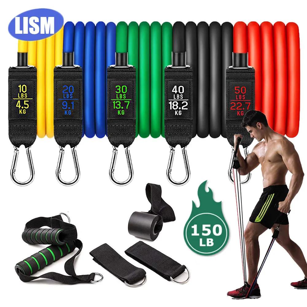 150LB 11 PCS Latex Resistance Bands Set 48'' Rubber Elastic Fitness Bands Yoga Tubes Pull Rope for Training Exercise, with Bag