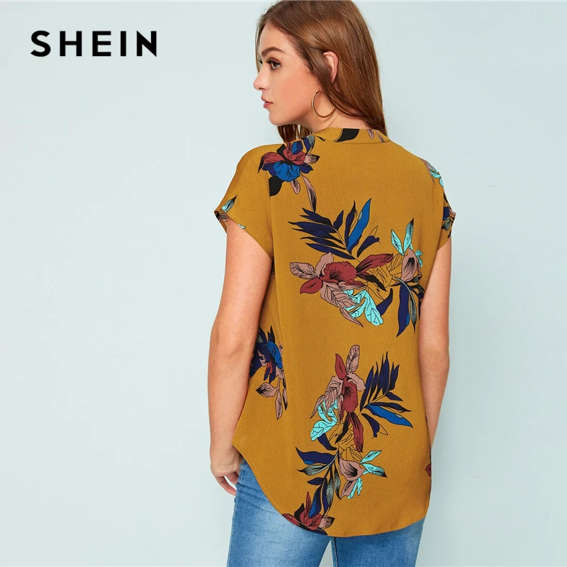SHEIN желтый v-образный вырез цветочный принт зубчатый блузки женские топы и блузки летние повседневные с коротким рукавом Boho Блузка Женская Топ