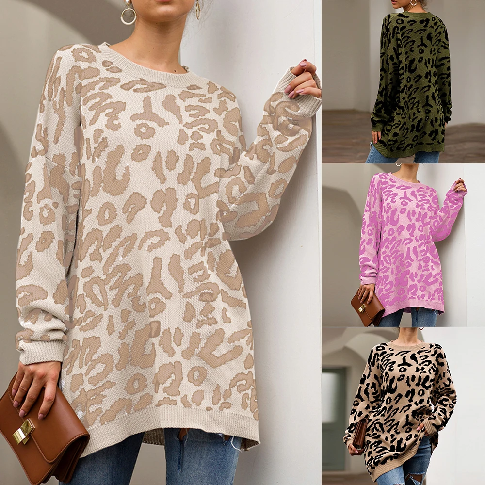 CALOFE/леопардовые свитеры с круглым вырезом и принтом для женщин, Mujer, осенне-зимние пуловеры, женские вязаные шикарные Свободные теплые свитера