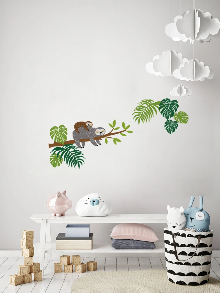 Sloth Tree Branch Wall Stickers Tropical Palm Leaf Wall Art Decals Kids Baby