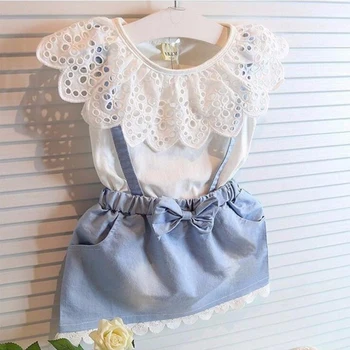 

Girls Dress 2020 New Summer Lace Princess Dress Solid Patch-work Elegant Casual Denim Costumes Party Dresses Children Clothing