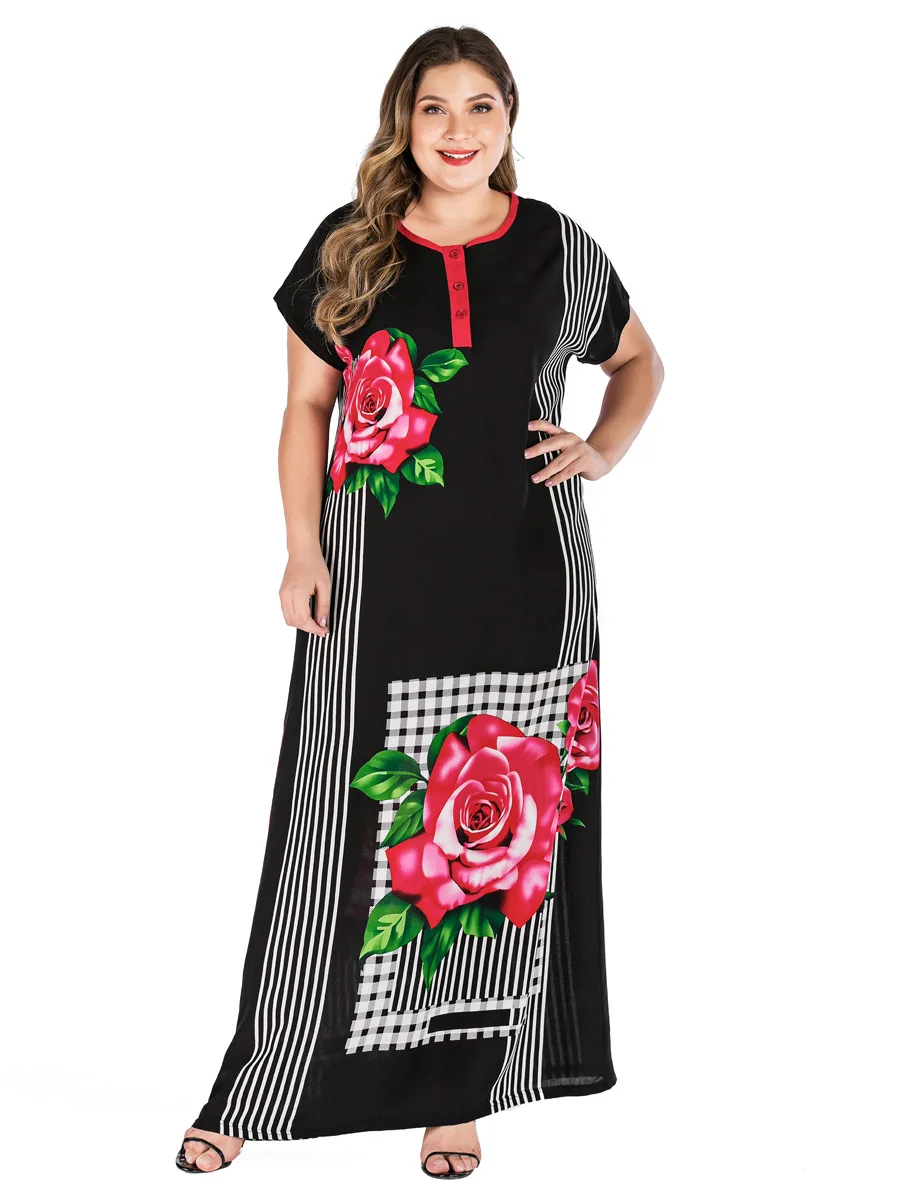 Черный Plus Size Tribal Botanical Print Boho Dress Women Summer Tunic Short Sleeve Straight Shift Geometric Maxi Dresses VKDR1821 - Цвет: Черный