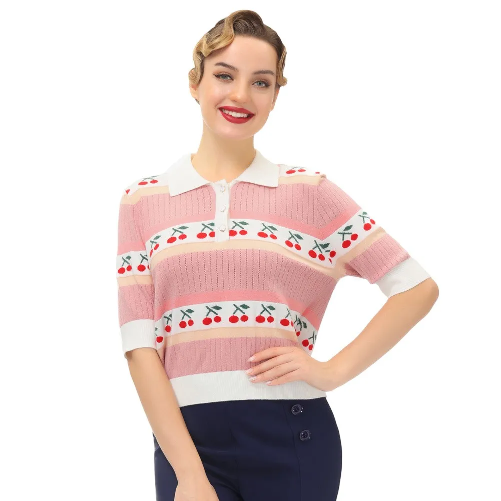 Camiseta de punto con cuello de solapa para mujer, jersey de manga corta de Color contrastante, ropa de punto de moda, dulce e informal, Belle Poque, novedad de verano, 1/2