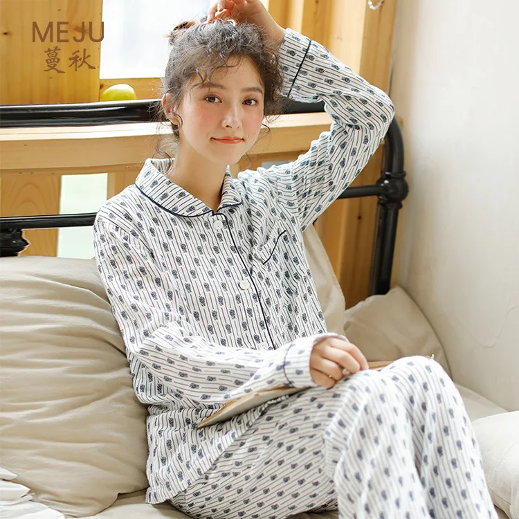 

Meju Pajamas Women's Spring And Summer 2020 Japanese-style Casual Two-Piece Set Pure Cotton shuang ceng sha Long Sleeve Tracksui
