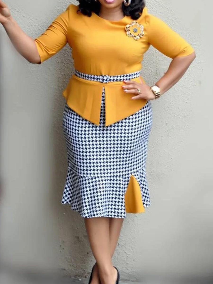 

Plaid Mermaid Office Dress Women Patchwork Cocktail Party Dresses Half Sleeve Slim Summer Ladies Mid-Calf Sexy Bodycon Dresses